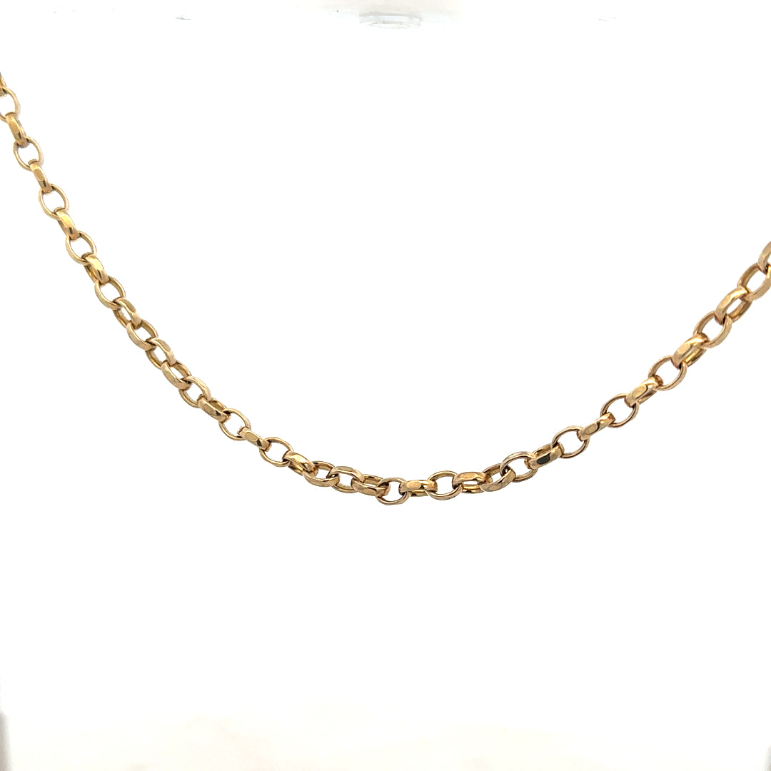 9ct yellow gold belcher chain weighing 17.3g, unbranded jewelry chain with classic link design, shown in close-up.