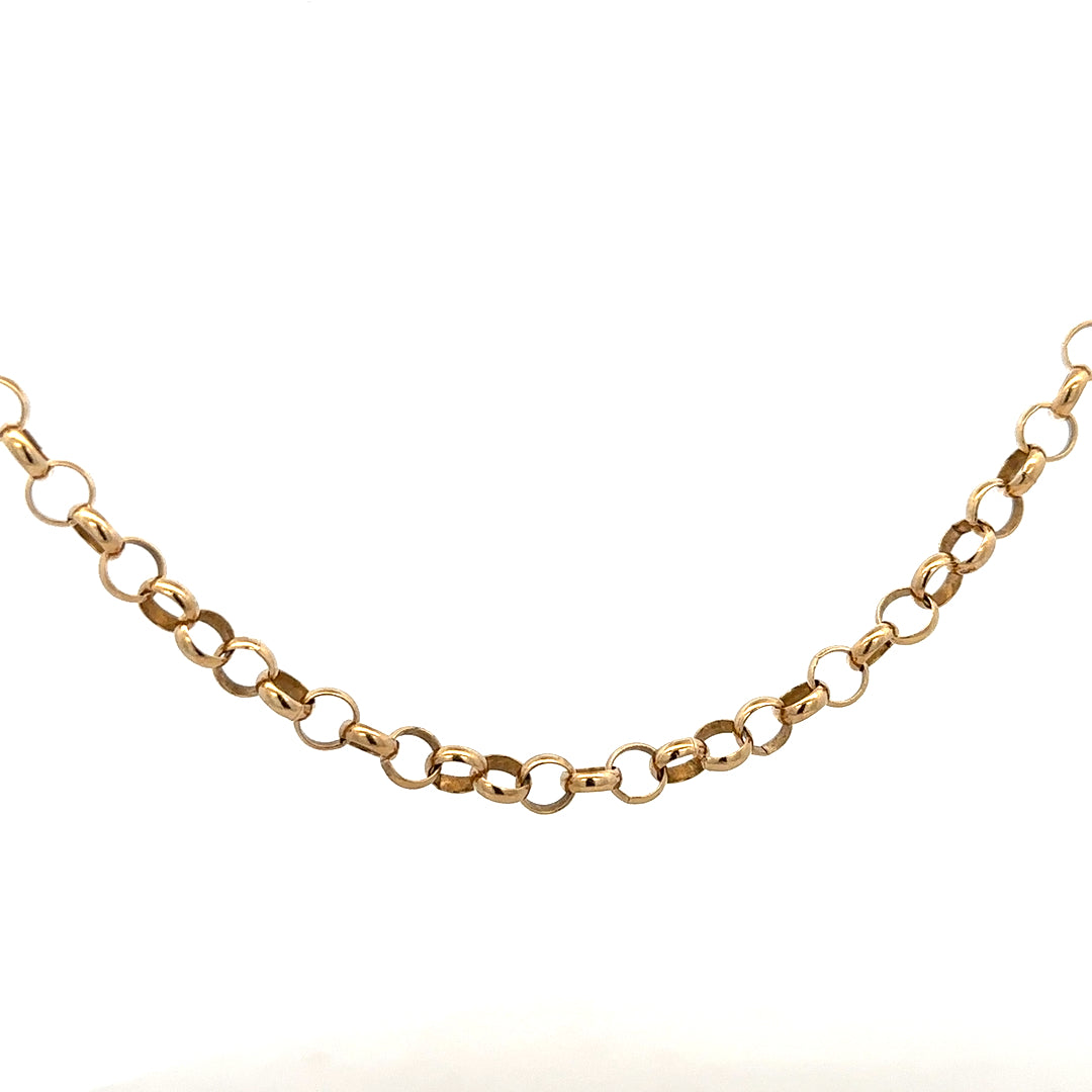 9ct yellow gold belcher chain, unbranded, with a sturdy link design and weighing 21.1 grams.