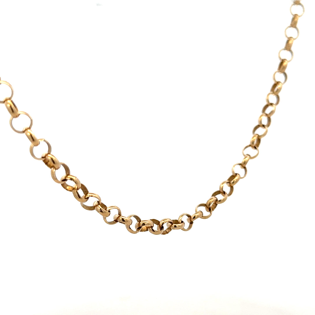 9ct yellow gold belcher chain showcasing a classic link design, weight 21.1 grams, unbranded jewelry accessory.