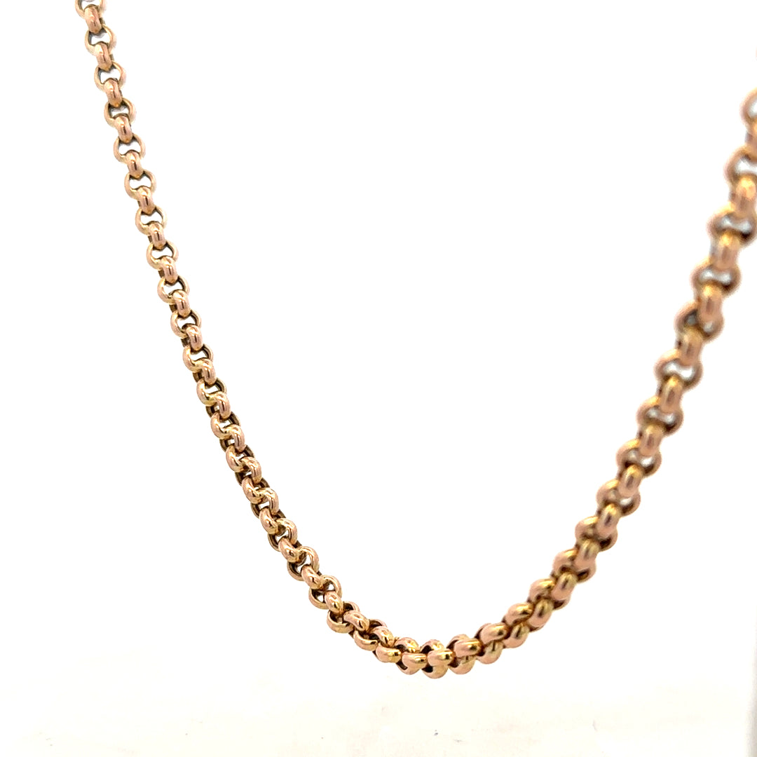 9ct yellow gold belcher chain, unbranded, 24.3g, showing close-up of the sturdy linked chain design and polished finish.