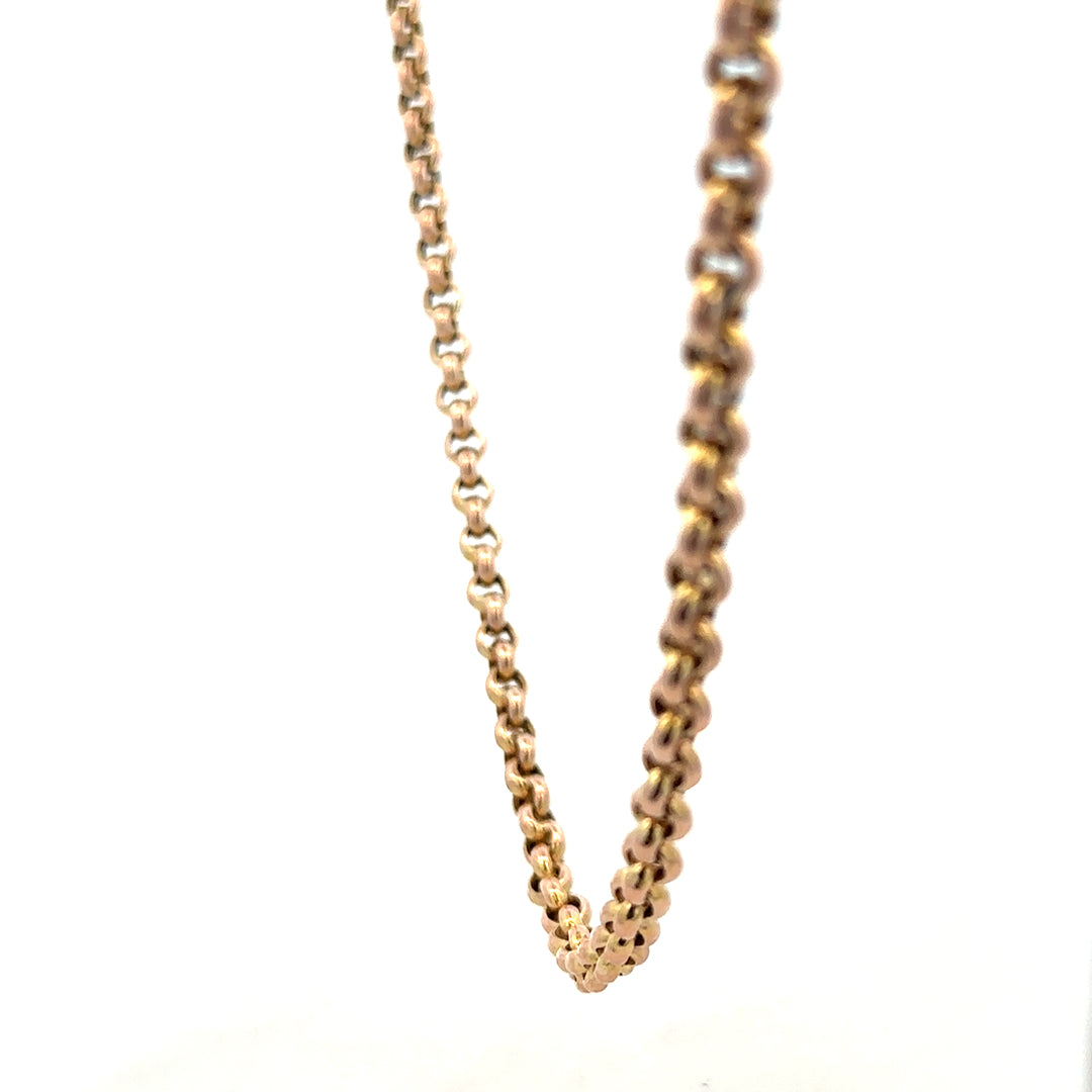 9ct yellow gold belcher chain, unbranded, with a weight of 24.3g, showcasing a classic linked jewelry design.