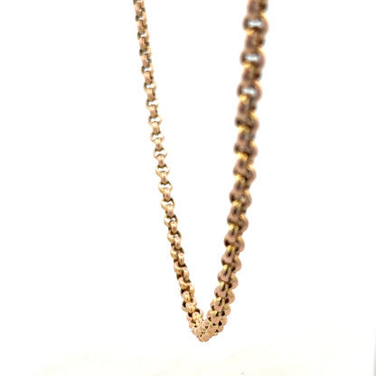 9ct yellow gold belcher chain, unbranded, with a weight of 24.3g, showcasing a classic linked jewelry design.