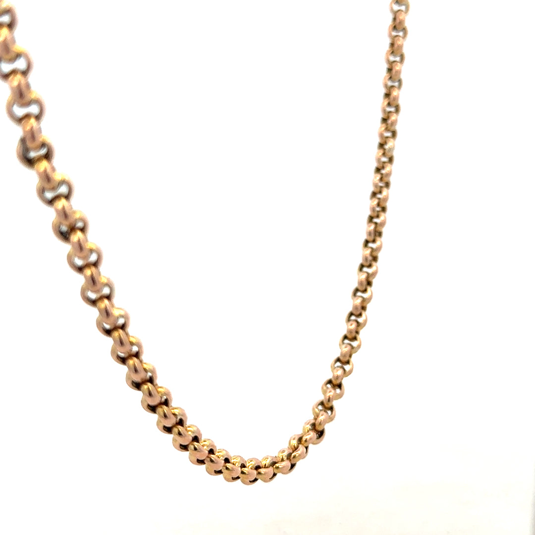 9ct yellow gold belcher chain, unbranded, showcasing its shiny links and substantial weight of 24.3 grams.