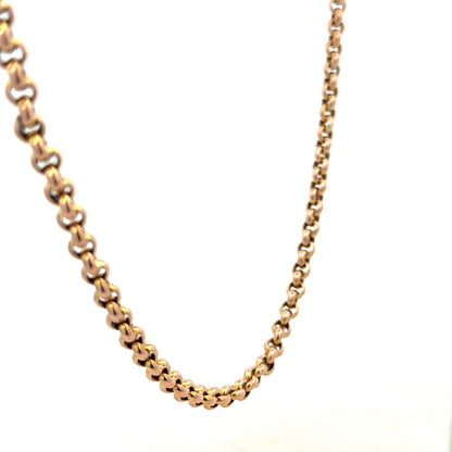 9ct yellow gold belcher chain, unbranded, showcasing its shiny links and substantial weight of 24.3 grams.