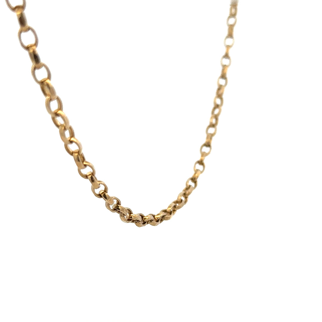9ct yellow gold belcher chain with pendant, unbranded, featuring a detailed gold design and secure clasp.