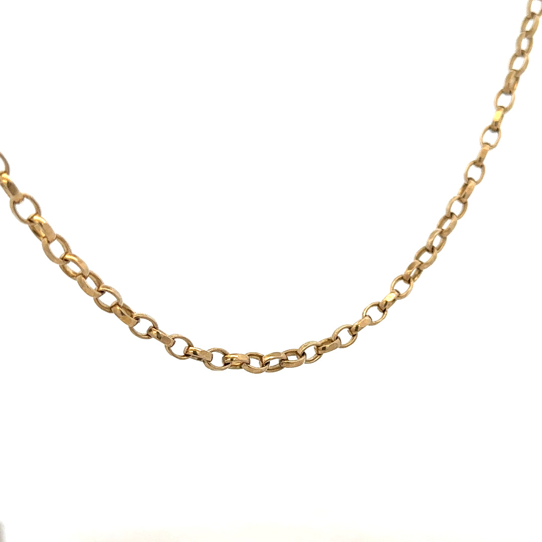 9ct yellow gold belcher chain with pendant, unbranded, 28g, showcasing detailed gold links and elegant pendant design.