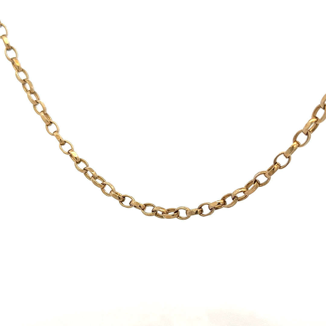 9ct yellow gold belcher chain with pendant, unbranded jewelry, showcasing a shiny gold chain and pendant detail.
