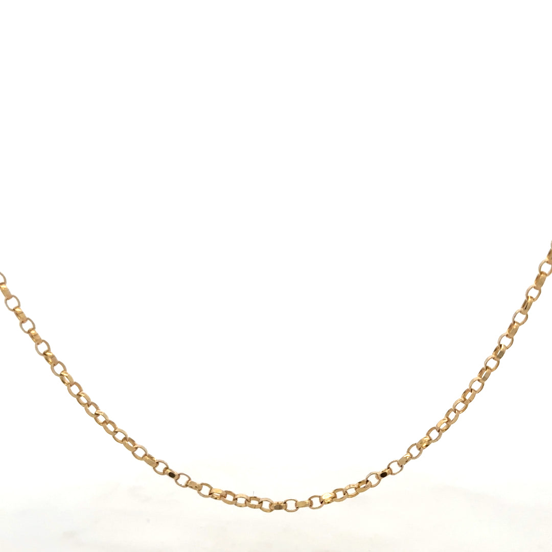 9ct yellow gold belcher chain weighing 5.2g, unbranded jewelry chain with rounded links, shown on a plain background.