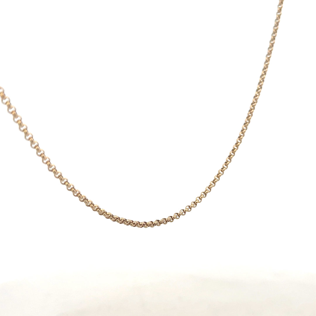 9ct yellow gold belcher chain, unbranded, weighing 5.3g, featuring classic round link design for jewelry or accessories.