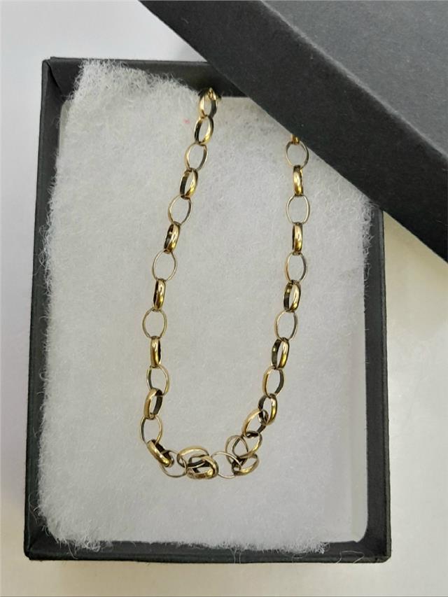 9ct yellow gold belcher chain weighing 6.6g, unbranded, with interlinked round gold links, shown laid flat against a neutral background.