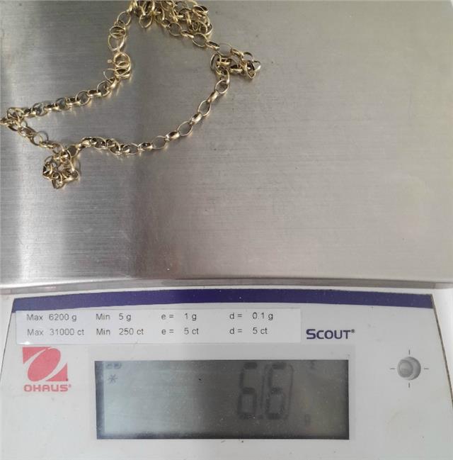 9ct yellow gold belcher chain weighing 6.6g, showcasing its classic interlocking links and polished finish.
