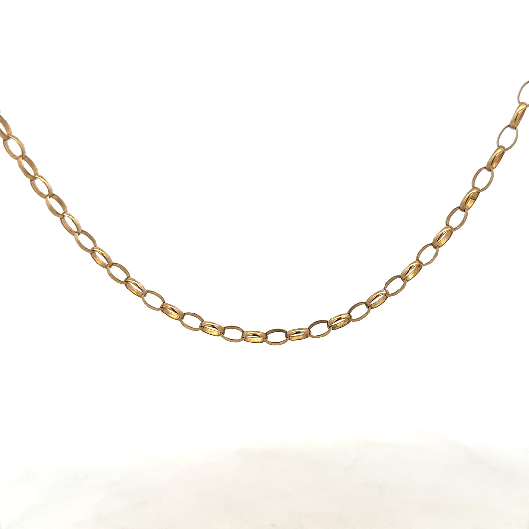 9ct yellow gold belcher chain, unbranded, weighing 7.3g, with a classic linked design, shown in a close-up image.