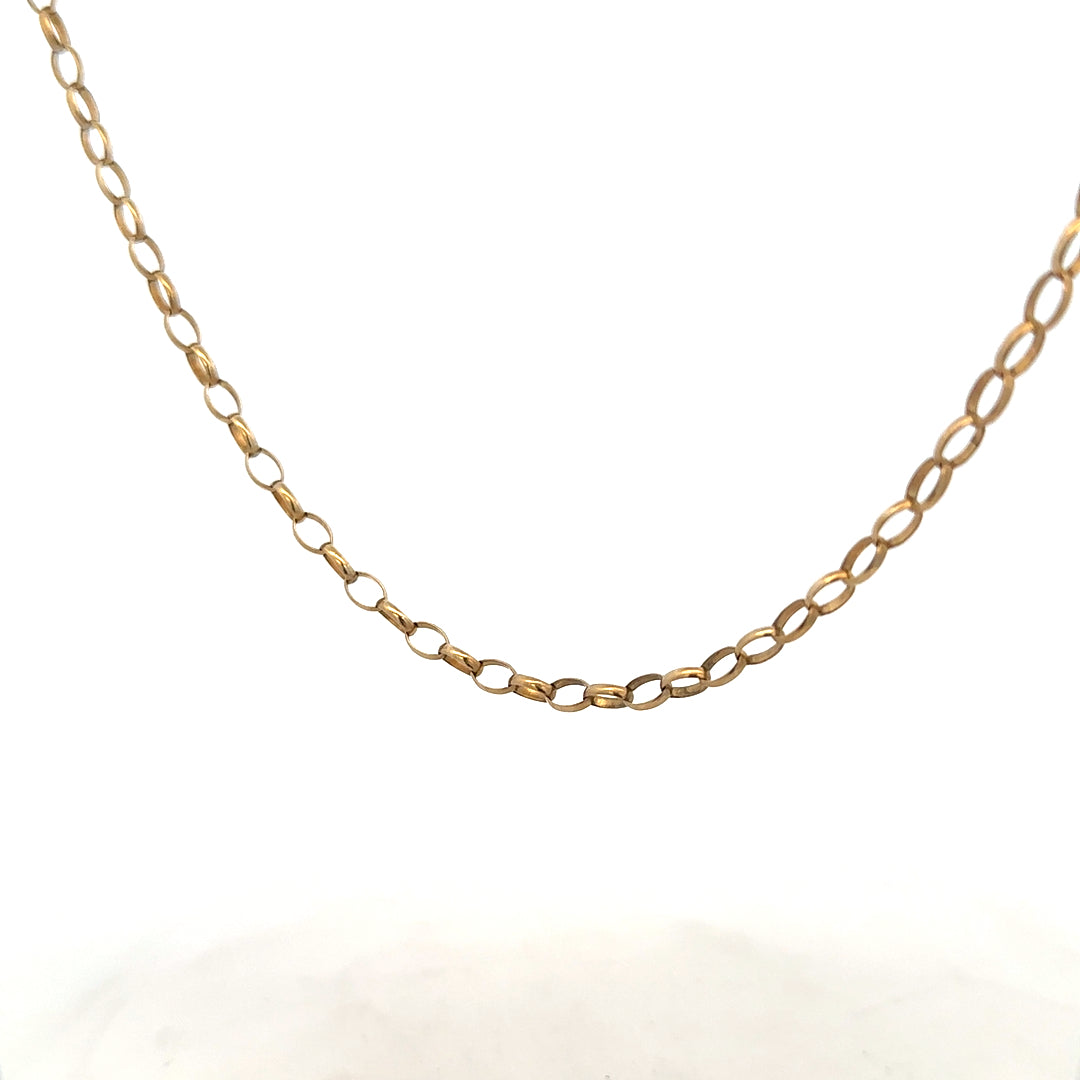 9ct yellow gold belcher chain, unbranded, weight 7.3g, showcasing a classic jewelry chain with polished links.