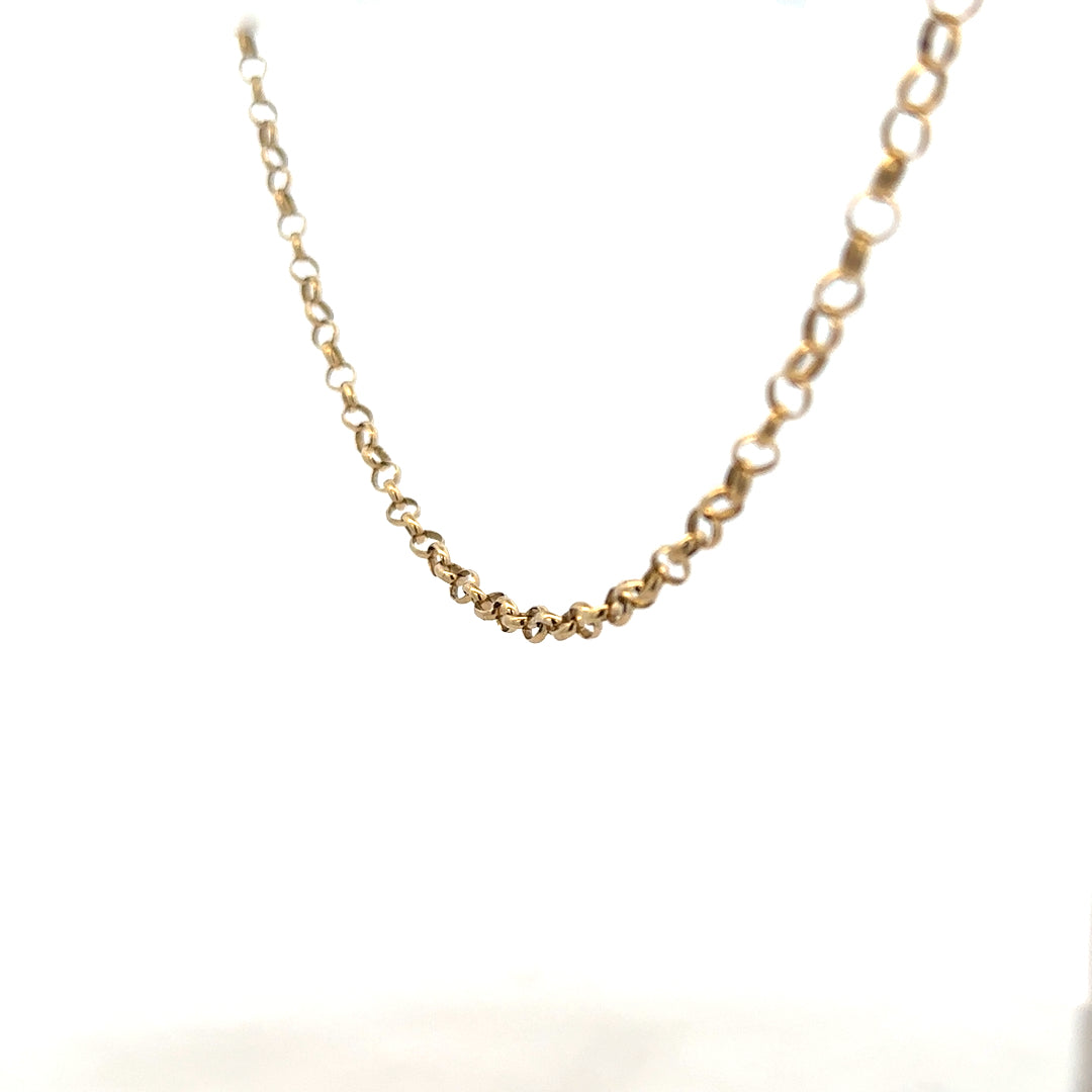 9ct yellow gold belcher chain weighing 7.6g, featuring classic linked design, unbranded jewelry chain for everyday wear