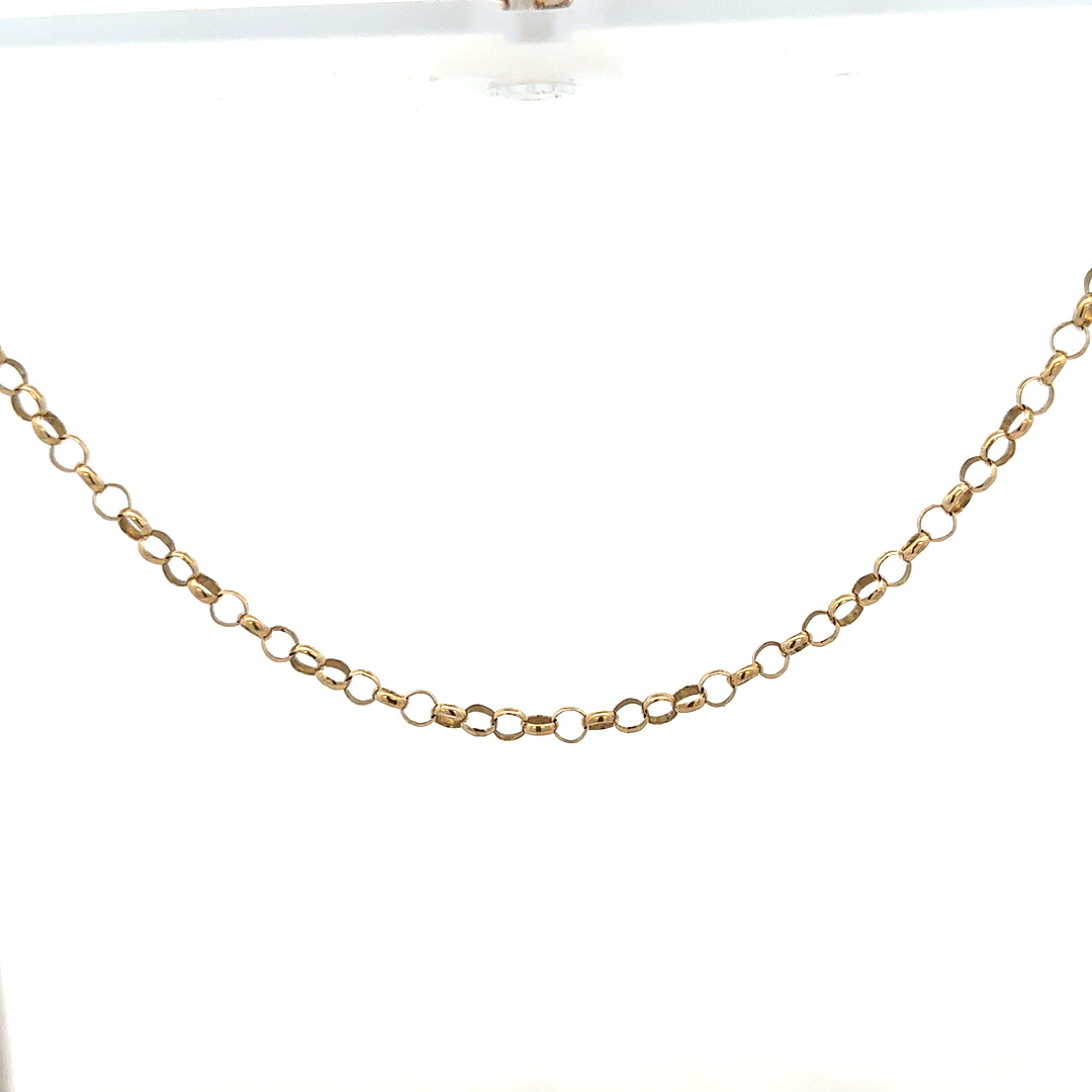 9ct yellow gold belcher chain, unbranded, showing a close-up of the 7.6g chain with detailed links and polished finish.