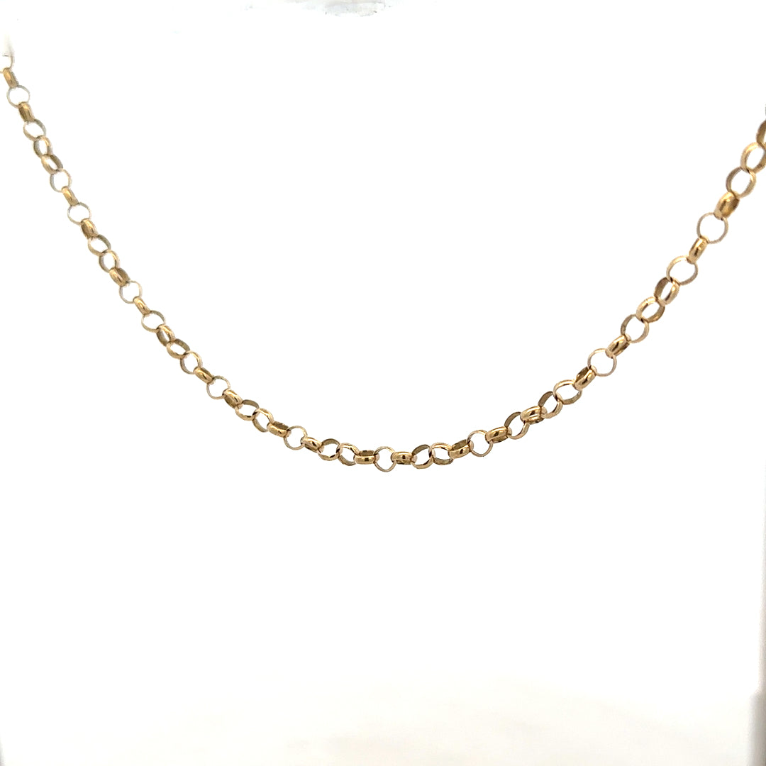 9ct yellow gold belcher chain, 7.6g, unbranded, with interlocking oval links, shown against a plain background.