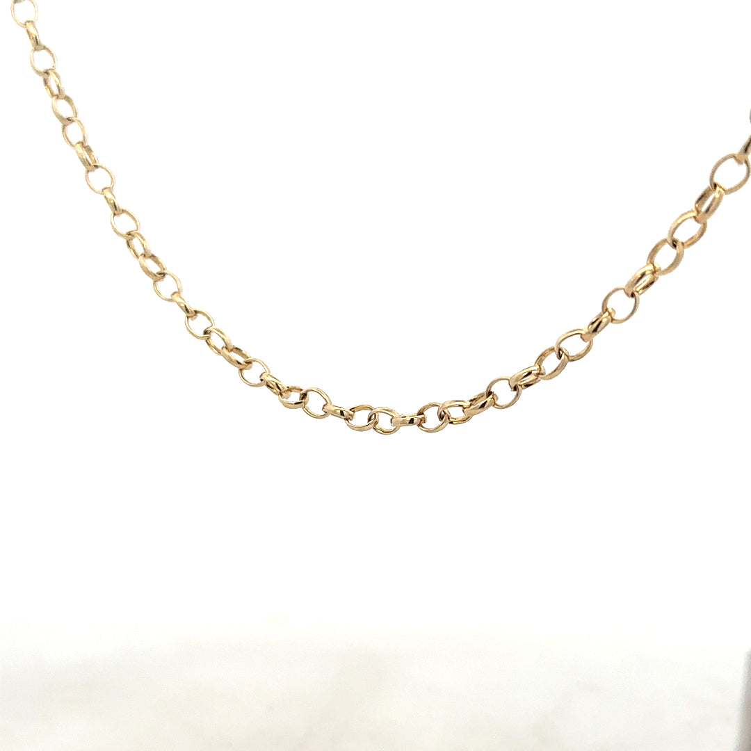 9ct yellow gold belcher chain weighing 9.5g, unbranded, with a classic linked design for elegant jewelry.