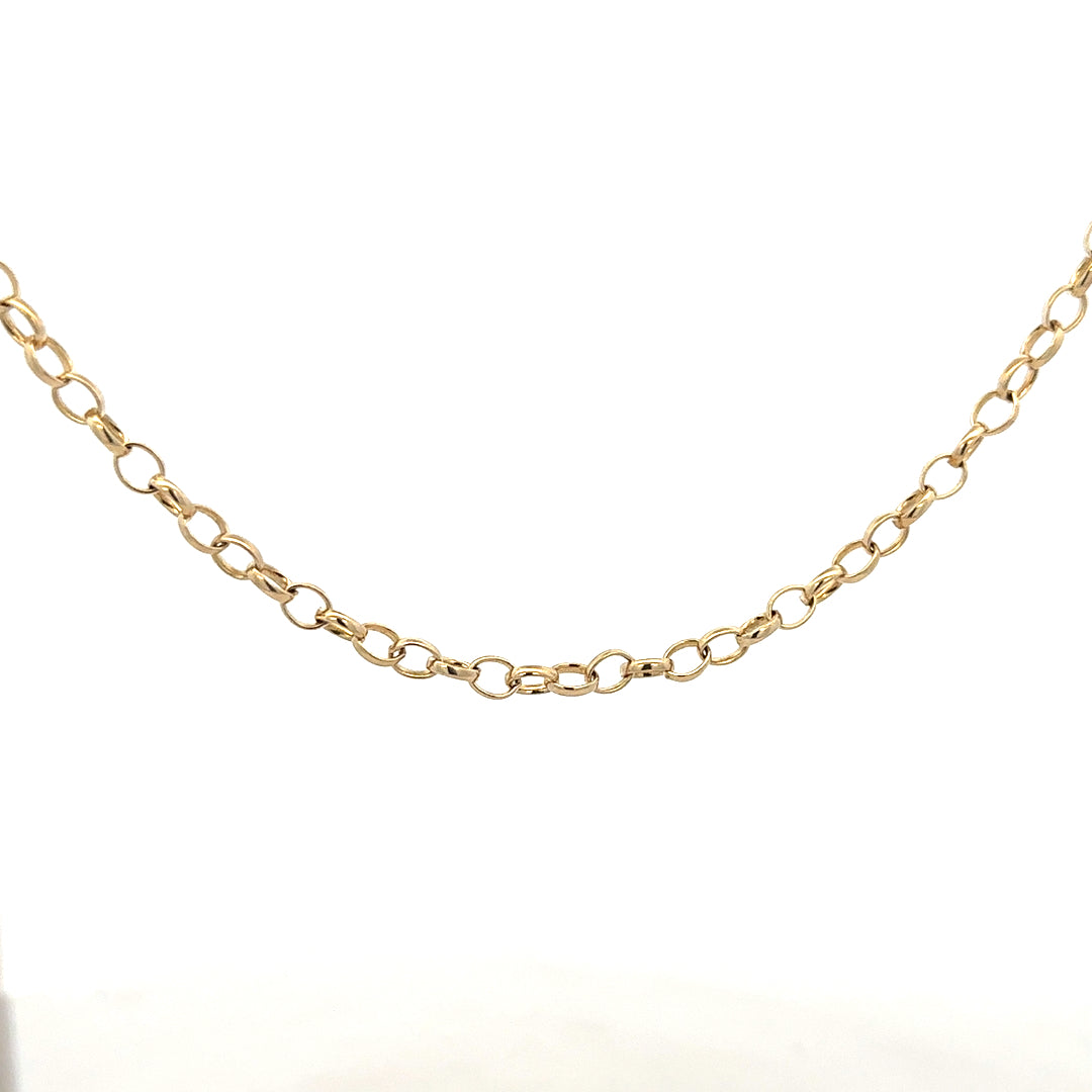 9ct yellow gold belcher chain weighing 9.5g, unbranded, with a classic link design, shown in a detailed product image.