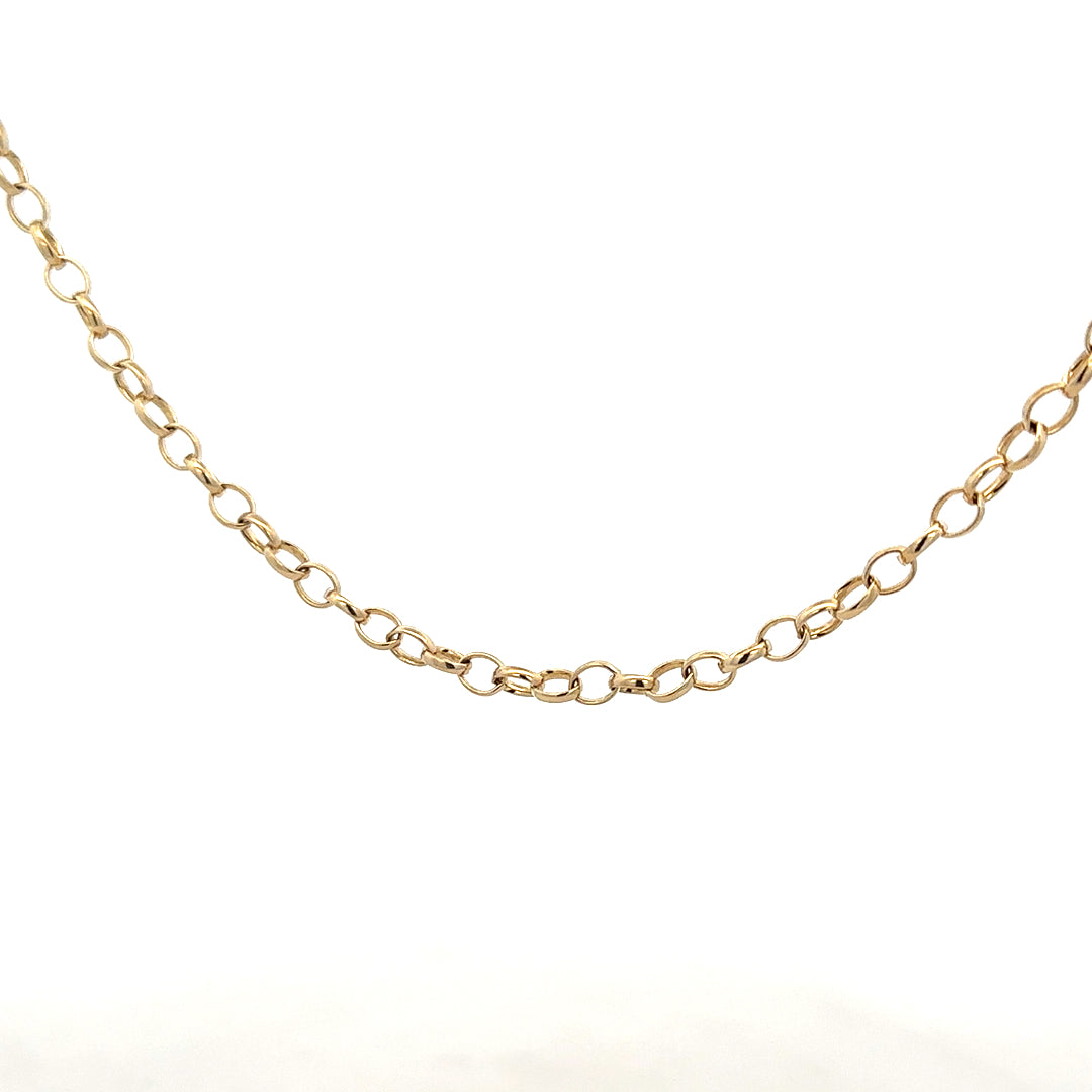 9ct yellow gold belcher chain weighing 9.5g, unbranded jewelry chain with classic linked design, displayed on a plain background.