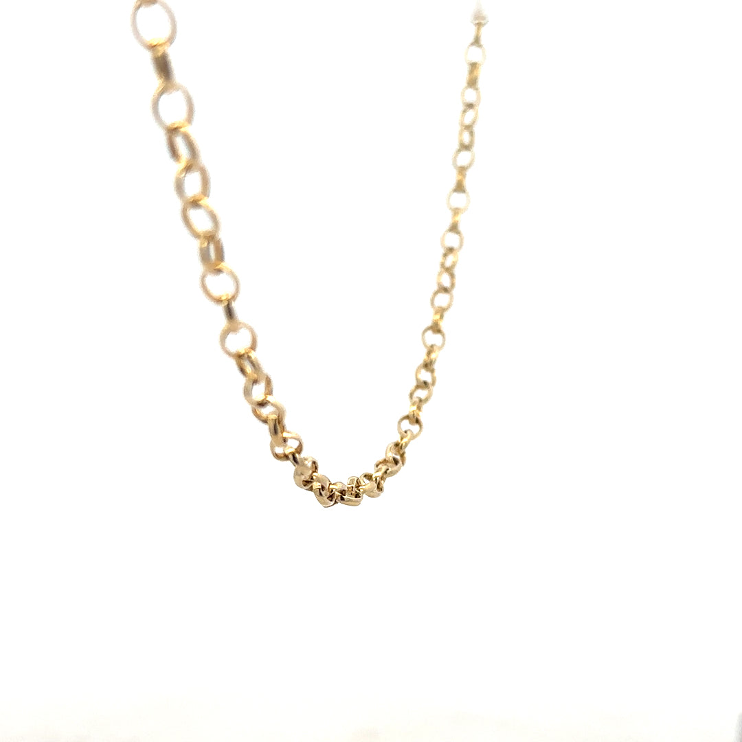 9ct yellow gold belcher chain weighing 9.5g, unbranded, with detailed links and a polished finish, ideal for jewelry or accessories.