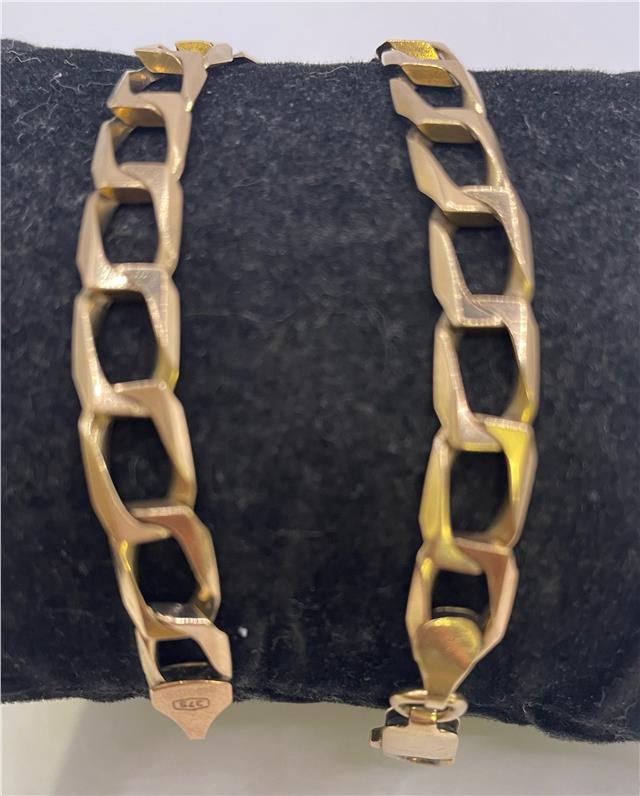 9ct yellow gold bracelet with intricate link design, unbranded jewelry piece, displayed on a neutral background.