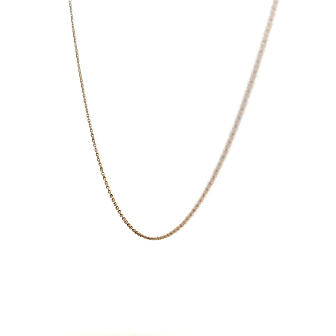 9ct yellow gold chain weighing 1.3g, unbranded jewelry piece with detailed links, shown on a neutral background.
