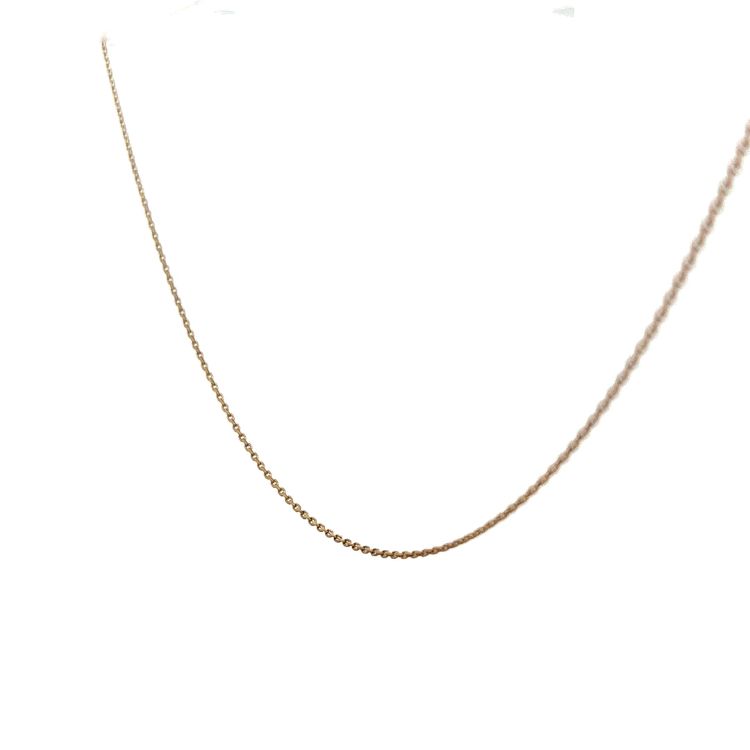 9ct yellow gold chain weighing 1.3g, unbranded, with a detailed close-up of its fine link design on a plain background.