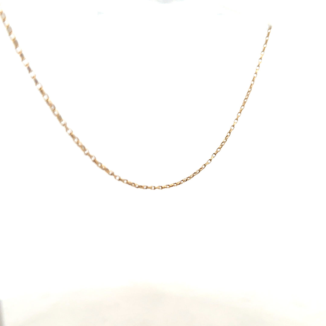 9ct yellow gold chain, unbranded, weighing 2.2g, with a delicate link design, shown on a plain background.