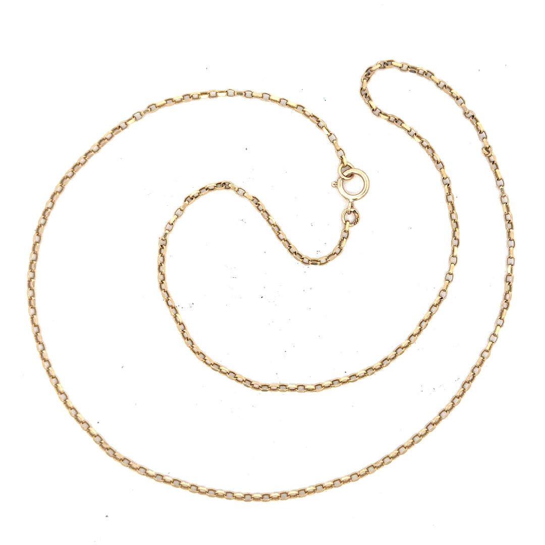 Unbranded 9ct yellow gold chain weighing 2.4g, shown in a close-up image highlighting its fine link design.