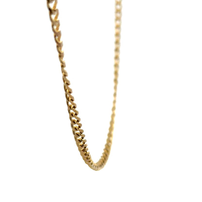 9ct yellow gold chain weighing 7.4g, unbranded jewelry chain with a polished finish, displayed on a neutral background.