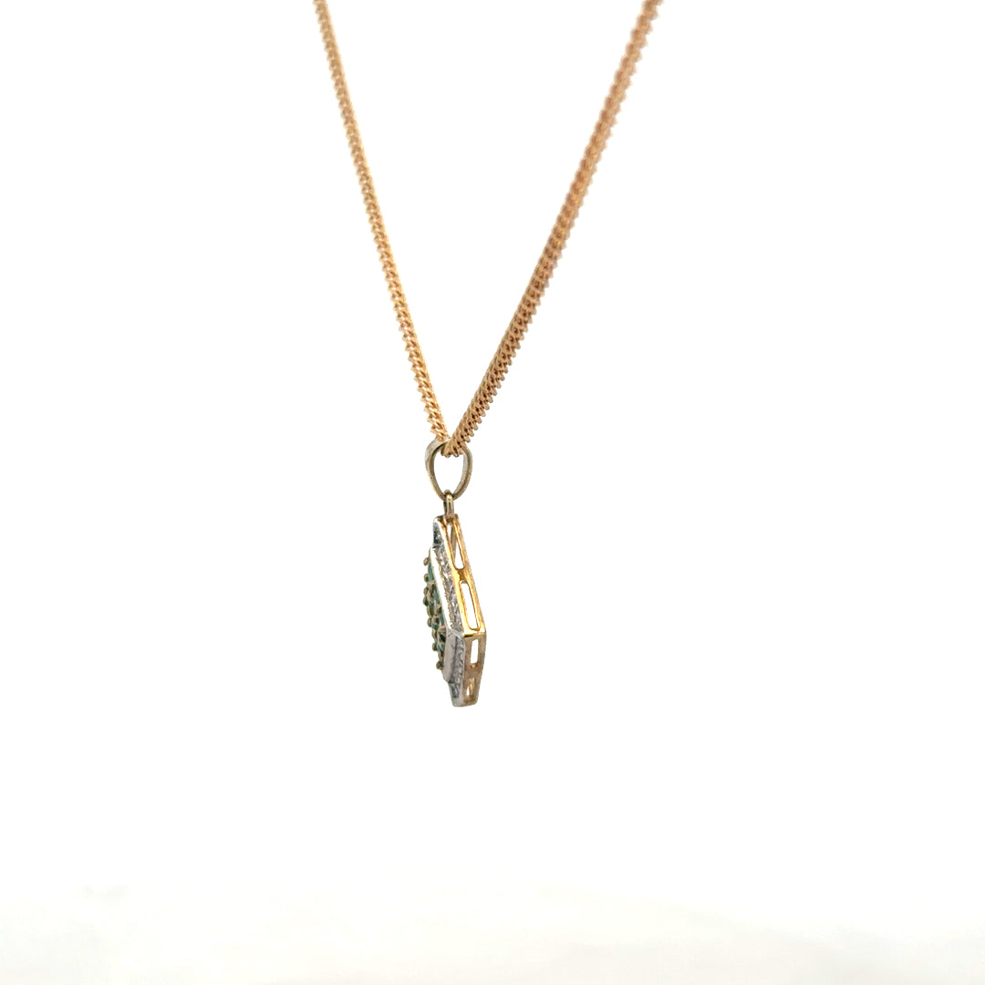 9ct yellow gold chain with emerald and diamond pendant, featuring a detailed design, weighs 5.5g, unbranded jewelry accessory