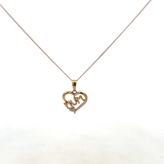 9ct yellow gold chain with mum pendant, lightweight jewelry, showcasing a delicate design and polished finish.
