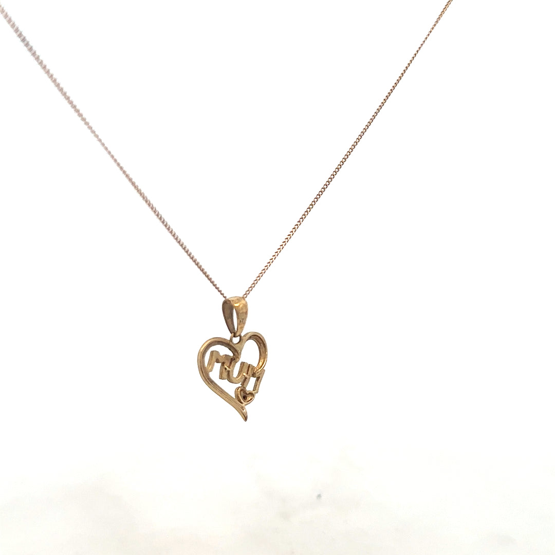 9ct yellow gold chain with mum pendant, unbranded jewelry, showing the detailed pendant and chain against a neutral background.