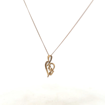 9ct yellow gold chain with Mum pendant, unbranded, showcasing a delicate jewelry piece weighing 1.7g on a neutral background.