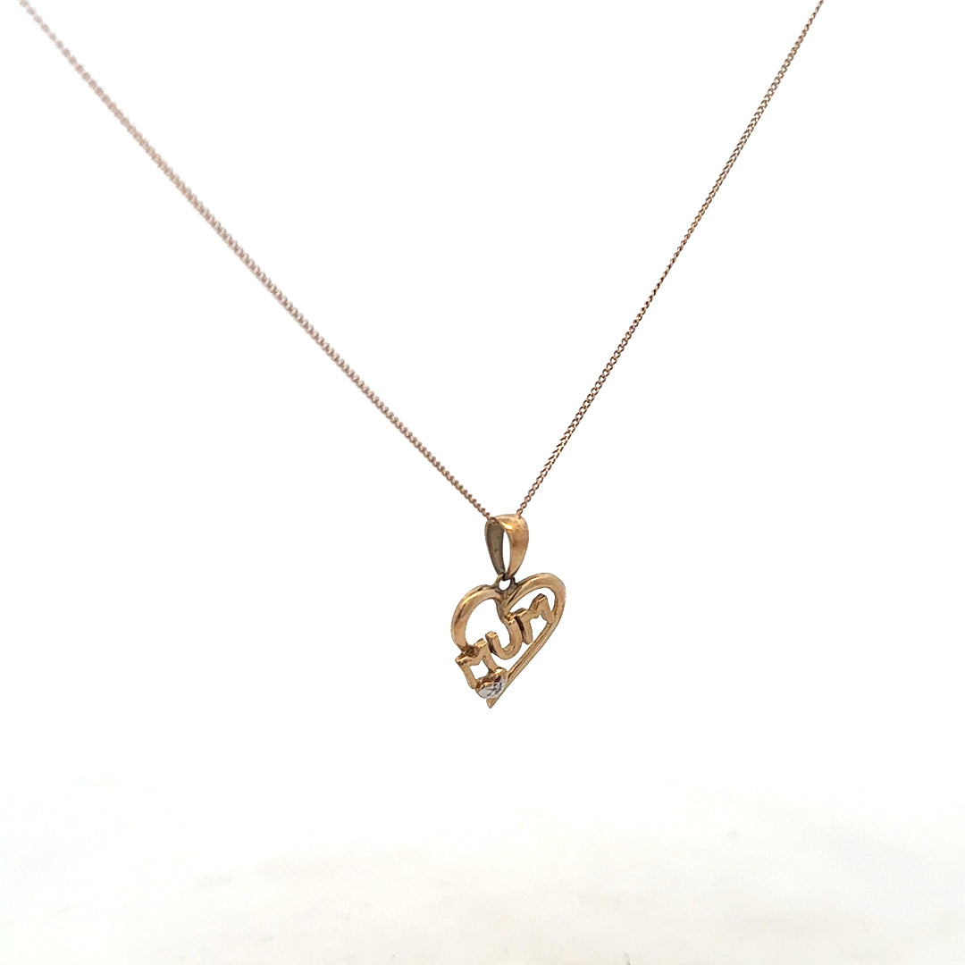 9ct yellow gold chain with mum pendant, unbranded jewelry, featuring a delicate design and lightweight 1.7g.