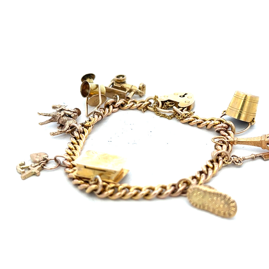 9ct yellow gold charm bracelet with intricate details, weighing 28.1g, featuring various decorative charms on a classic bracelet style.