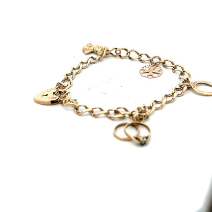 9ct yellow gold charm bracelet with delicate chain and small decorative charms, weighs 9.9 grams, unbranded jewelry.
