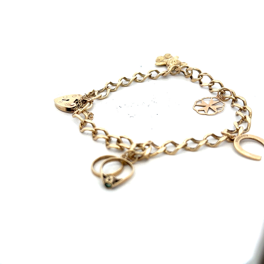 9ct yellow gold charm bracelet weighing 9.9g with decorative charms, unbranded jewelry accessory.