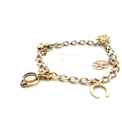 9ct yellow gold charm bracelet weighing 9.9g, unbranded, featuring multiple decorative charms on a delicate gold chain.