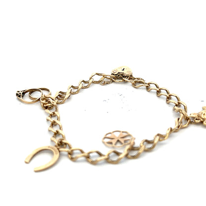 9ct yellow gold charm bracelet with multiple decorative charms, weighs 9.9g, unbranded jewelry accessory.