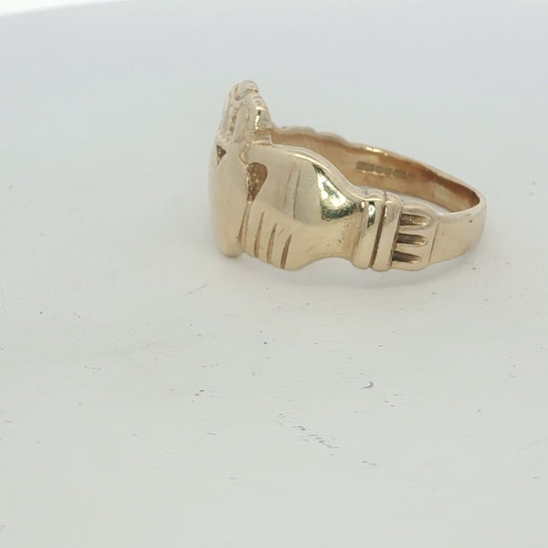 9ct yellow gold Claddagh ring with detailed heart and crown design, unbranded jewelry piece for Irish-inspired style.