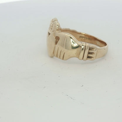 9ct yellow gold Claddagh ring with detailed heart and crown design, unbranded jewelry piece for Irish-inspired style.