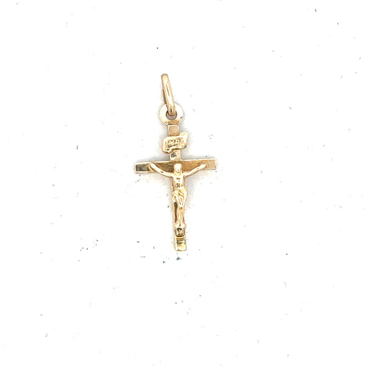 9ct yellow gold cross pendant weighing 1.3g, unbranded, showcasing a classic religious jewelry design.
