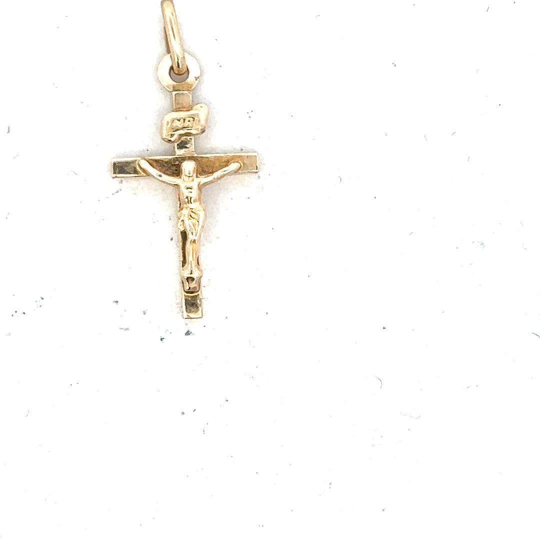 9ct yellow gold cross pendant, unbranded, weighing 1.3g, featuring a classic religious design with polished finish.