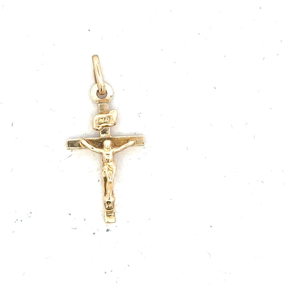 9ct yellow gold cross pendant weighing 1.3g, unbranded jewelry accessory with a classic religious design.