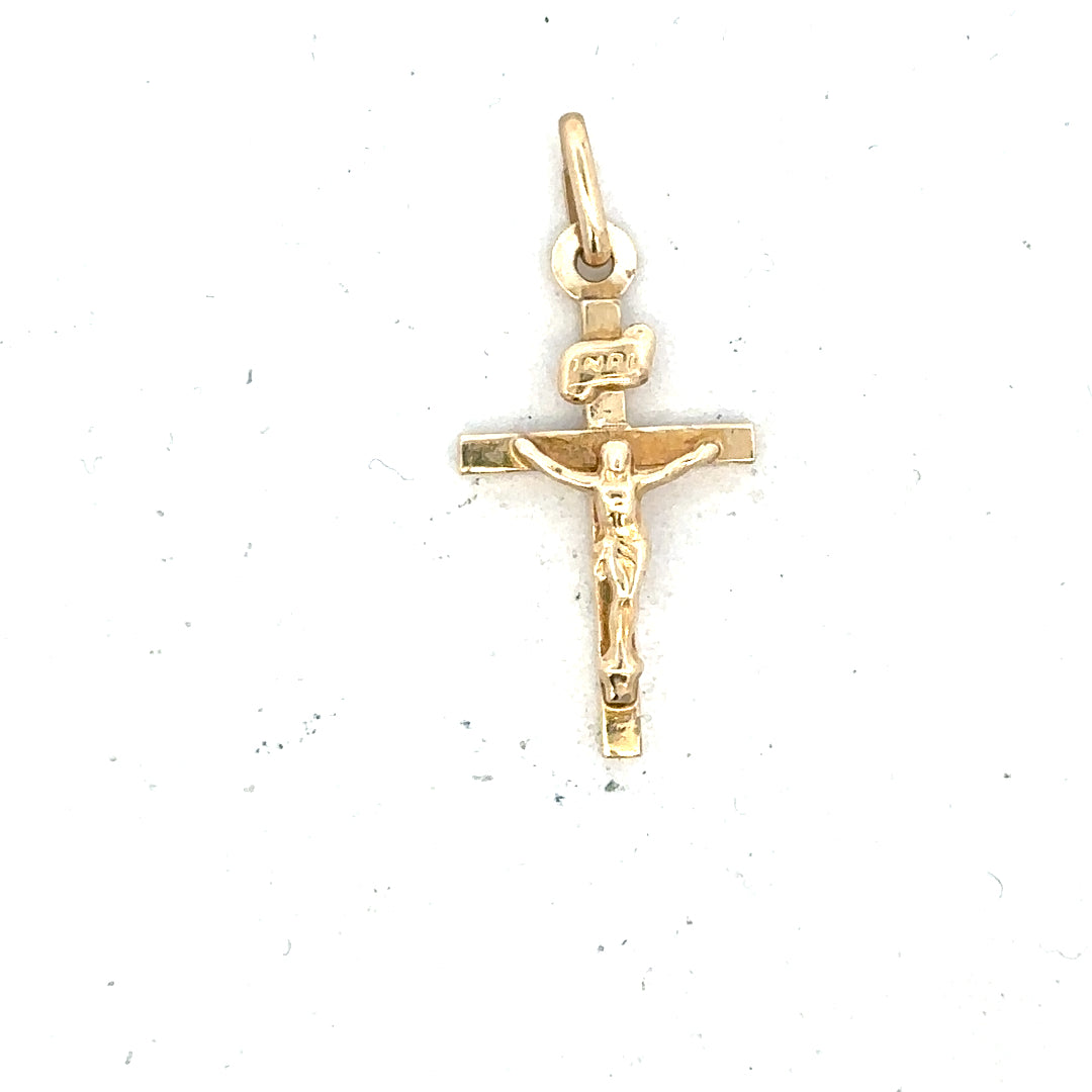 9ct yellow gold cross pendant weighing 1.3g, unbranded jewelry with a simple, elegant design, shown in a close-up image.