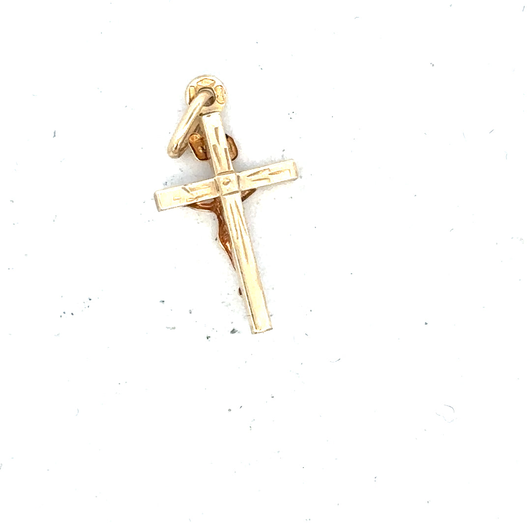 9ct yellow gold cross pendant weighing 1.3g, elegant jewelry accessory with classic design and unbranded craftsmanship.