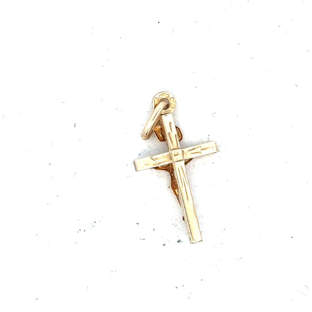 9ct yellow gold cross pendant weighing 1.3g, unbranded, with a simple classic design, shown on a plain background.