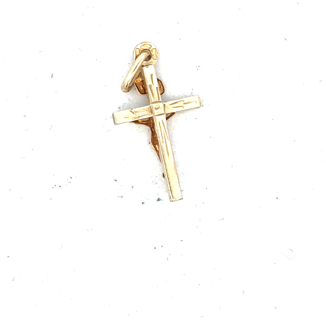 9ct yellow gold cross pendant weighing 1.3g, unbranded religious jewelry with detailed design, displayed on a neutral background.