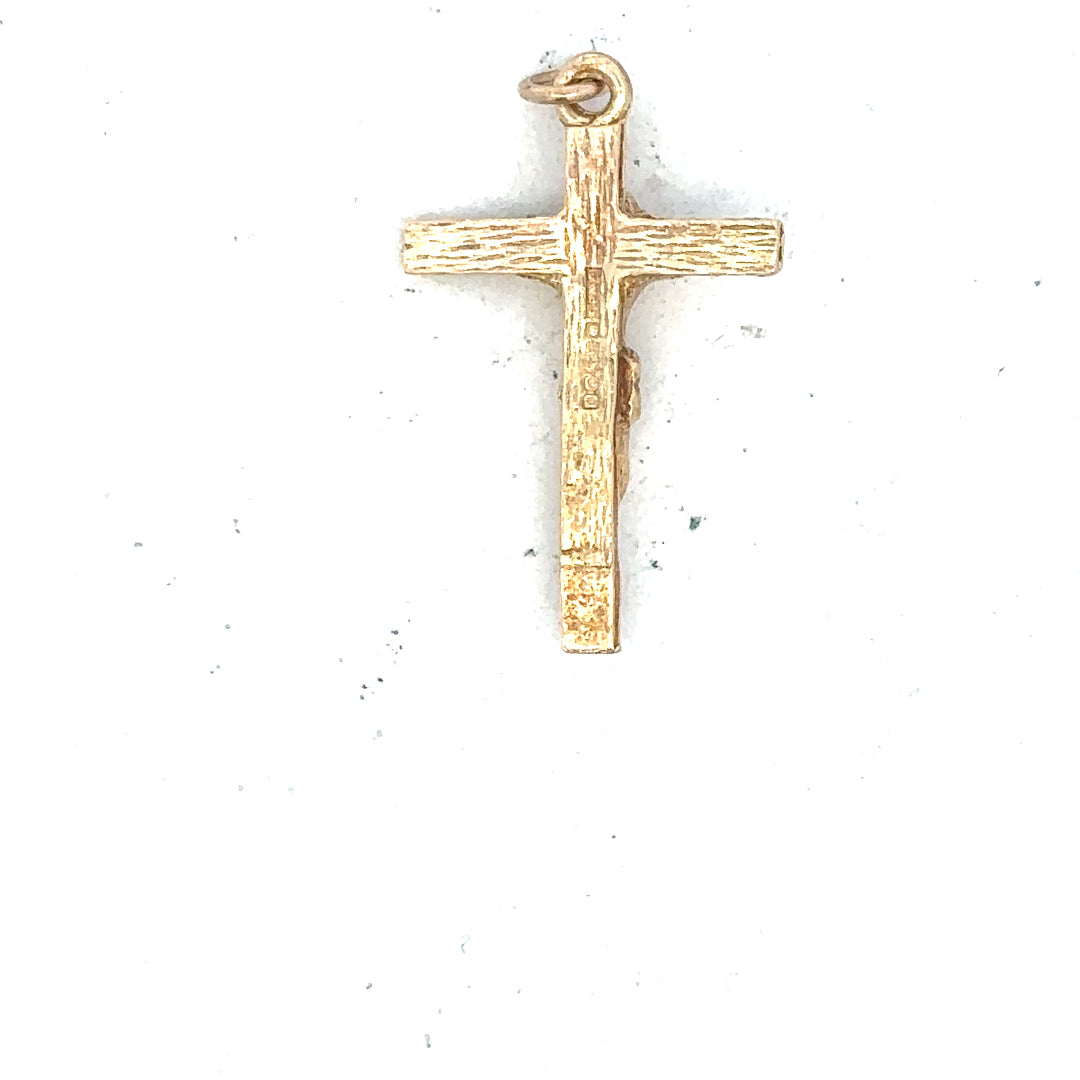 9ct yellow gold cross pendant weighing 1.6g, unbranded, with a simple design featuring a polished finish.